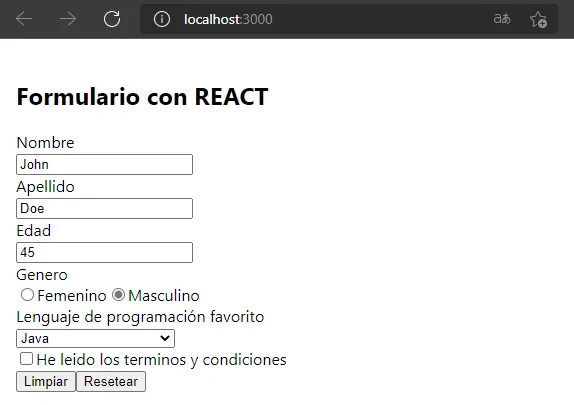 Formulario inicializado con custom hook